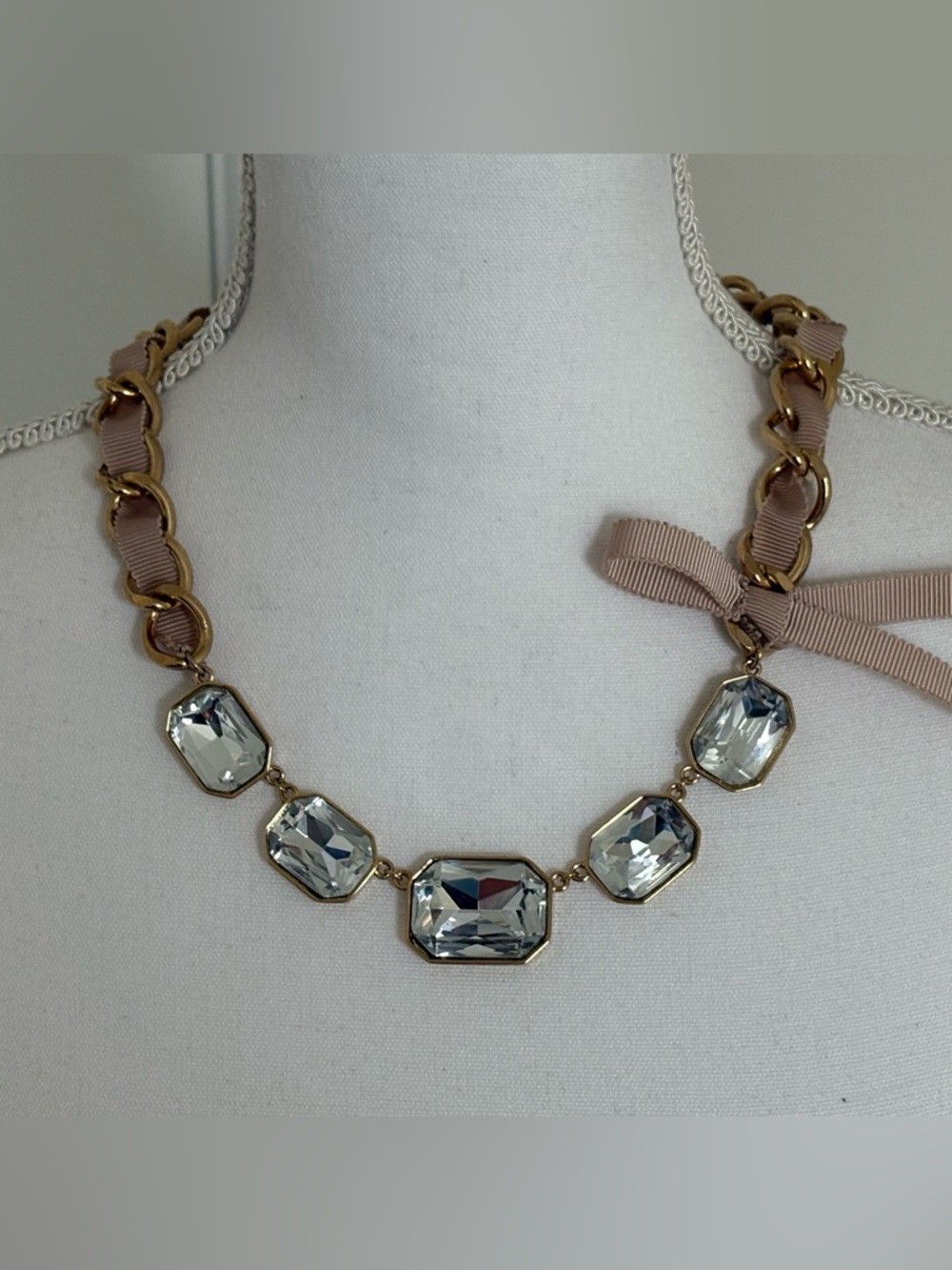 Ann Taylor Gold-Tone Crystal Necklace with Blush Ribbon